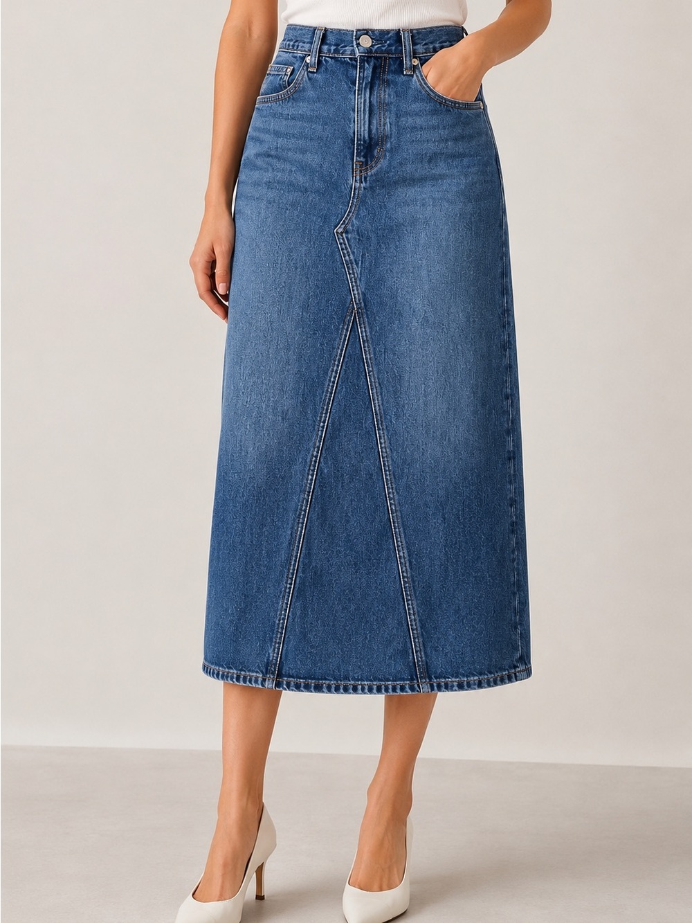 Uniqlo Denim Midi Skirt 100% Cotton Blue High Rise Straight Jean Skirt 6